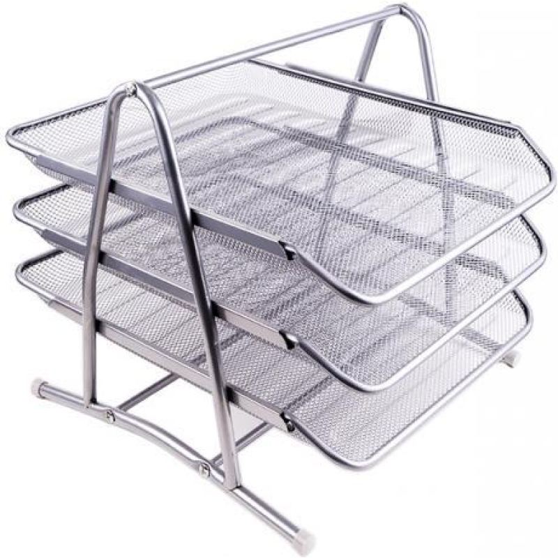 Лоток для паперу на 3 секції горизонтальний металевий канцелярський срібний настільний 2003-1 KNZ