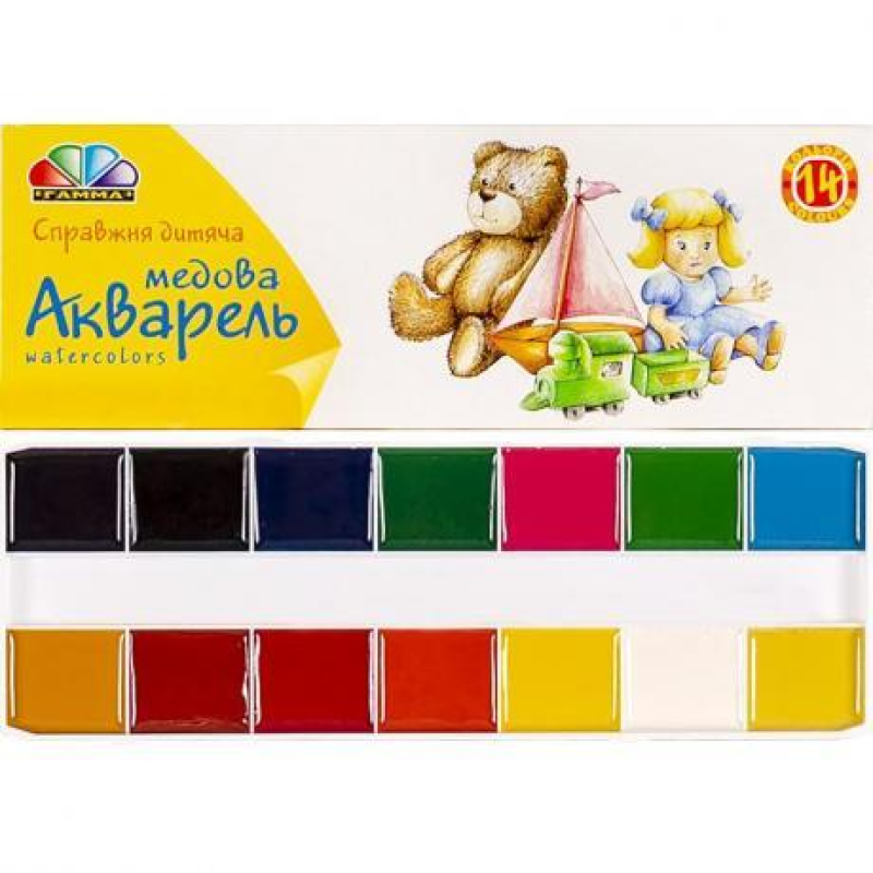 Акварель 14 кольорів “Малята“ картон “Гамма“ 17*7см KNZ Акварель 14 кольорів “Малята“ картон “Гамма“ 17*7см KNZ