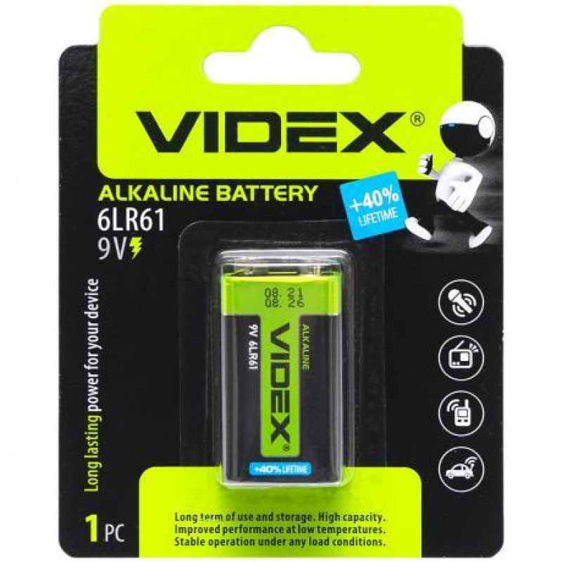 Батарейка Videx Alkaline 6LR61 Крона KNZ