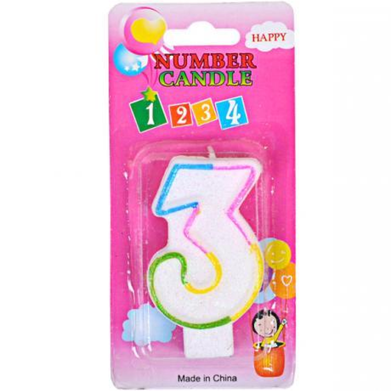 Свечка-цифра цветная с блёсками “3“ 10-112 KNZ Свечка-цифра цветная с блёсками “3“ 10-112 KNZ