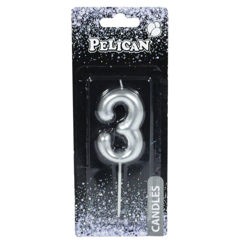 Свічка для торта Pelican “3“ СЕРЕБРО 6 см 866023 KNZ