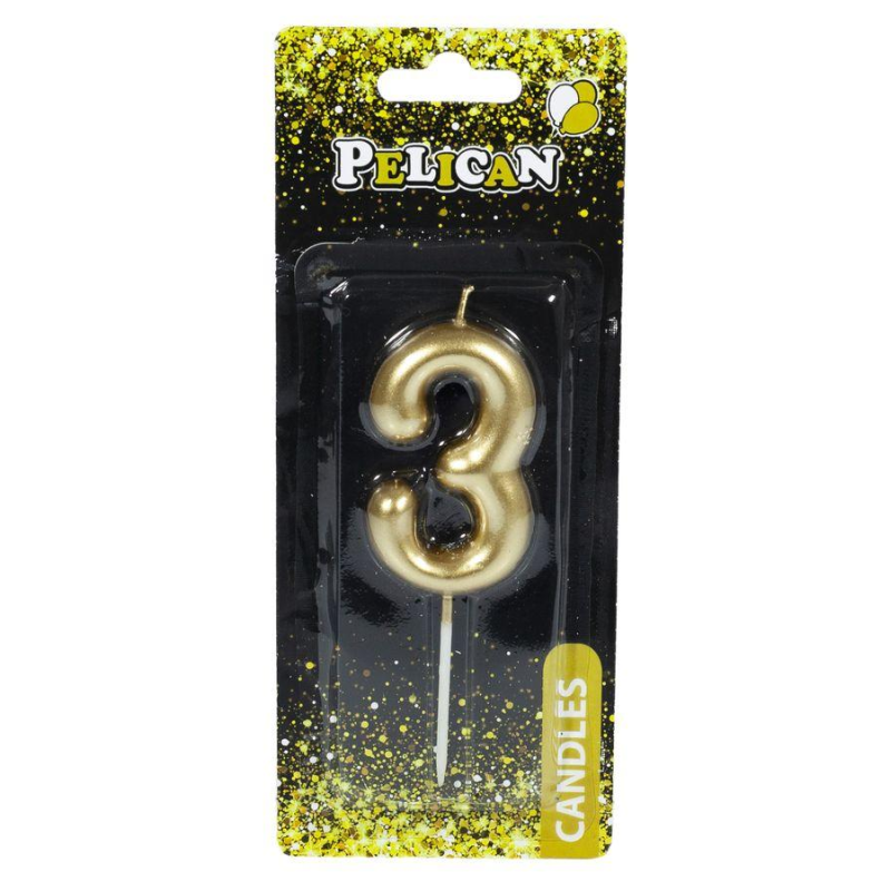 Свічка для торта Pelican “3“ ЗОЛОТО 6 см 866013 KNZ