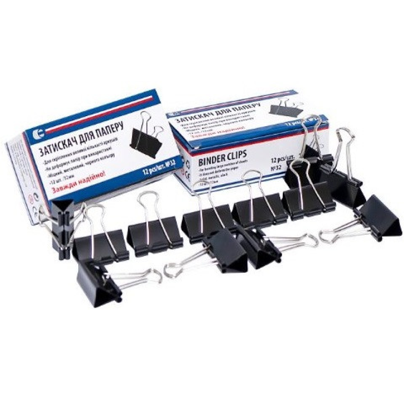 Біндер затискач для паперу 32мм 12шт чорний металевий офісний канцелярський “С“ KNZ Біндер затискач для паперу 32мм 12шт чорний металевий офісний канцелярський “С“ KNZ