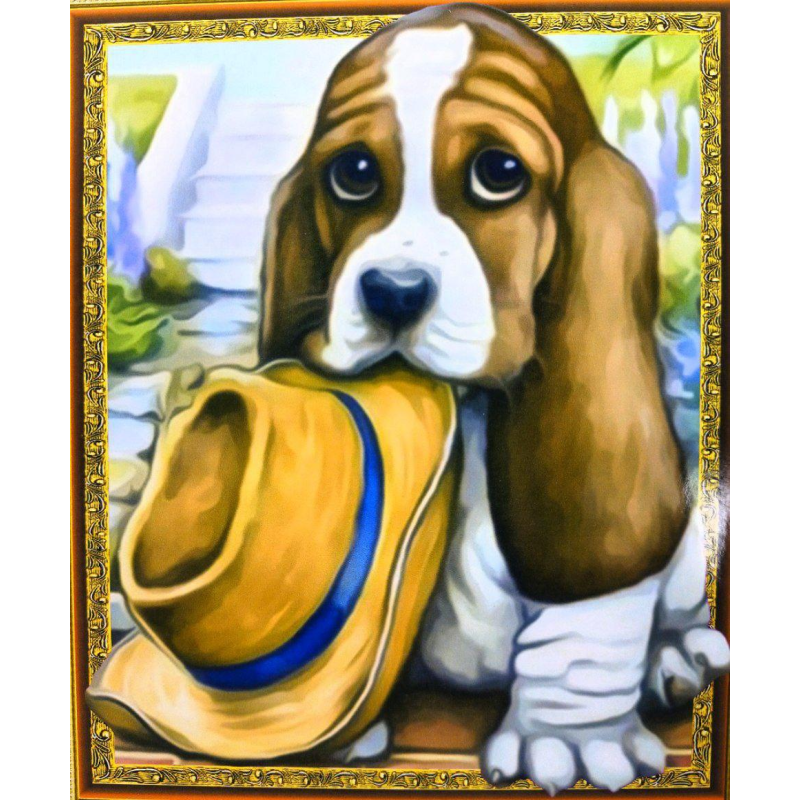 Алмазна мозаїка 5D за номерами 40*50 см “Цуценя та капелюх“ карт уп (Полотно на раме камни) 30776 KNZ