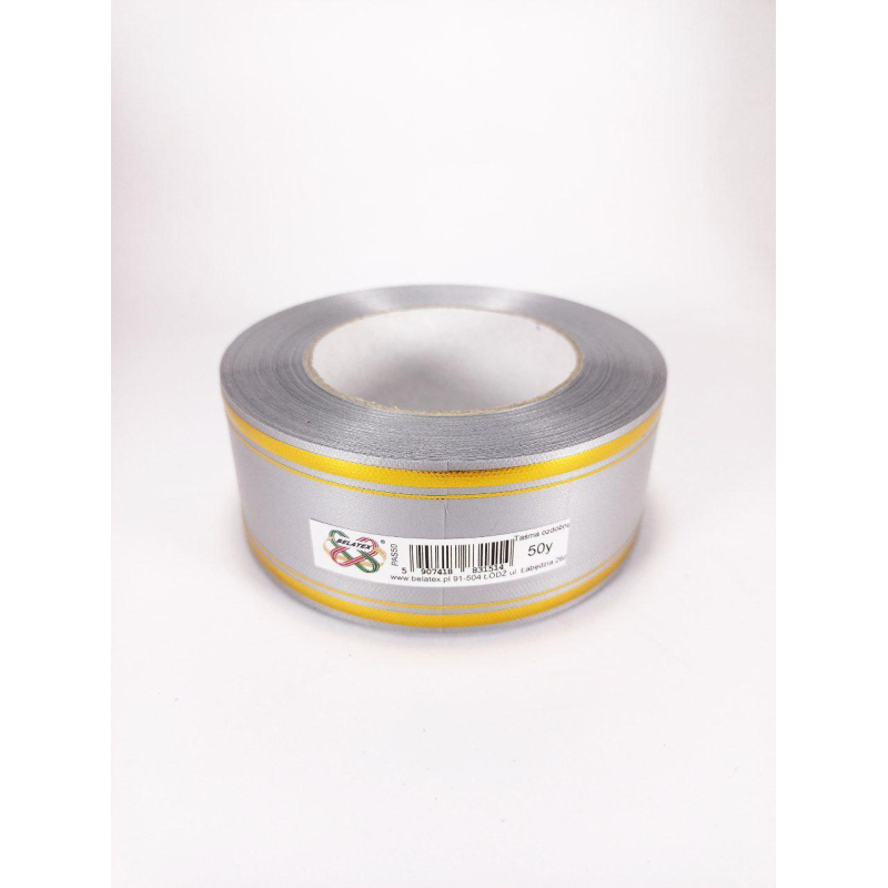 Стрічка пластикова 5 см, 50 ярд, срібна + 2 золоті смужки, BELATEX PAS50 -2 silver + gold KNZ Стрічка пластикова 5 см, 50 ярд, срібна + 2 золоті смужки, BELATEX PAS50 -2 silver + gold KNZ