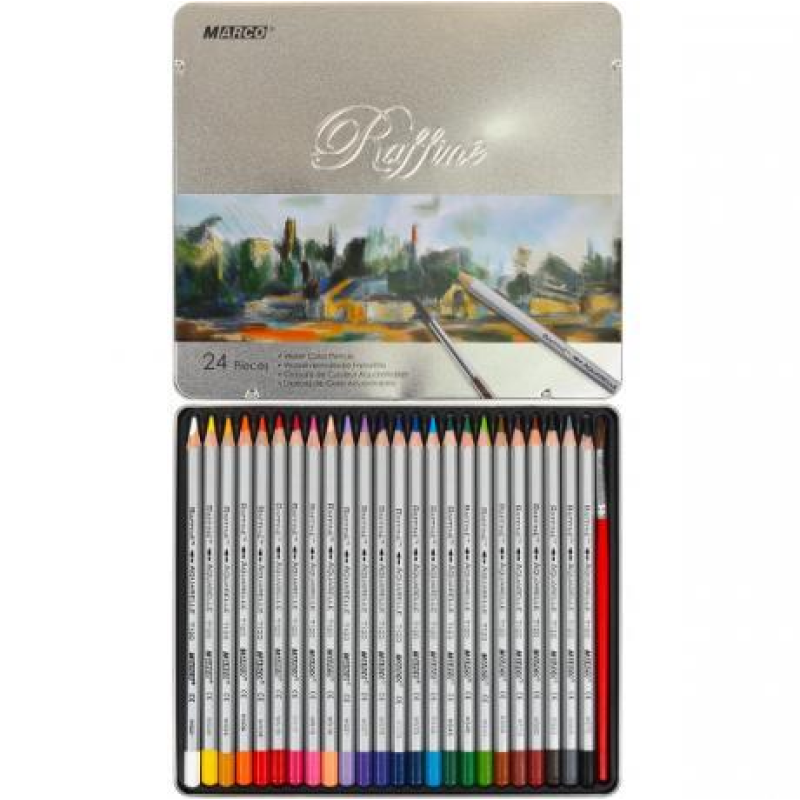 Олівці кольорові акварельні 24 кольори “MARCO“ Raffine з пензликом у металевому пеналі 7120-24TN KNZ Олівці кольорові акварельні 24 кольори “MARCO“ Raffine з пензликом у металевому пеналі 7120-24TN KNZ