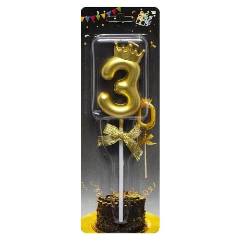 Свічка-цифра “3“ з короною 5,5см ЗОЛОТО JY-1064 KNZ