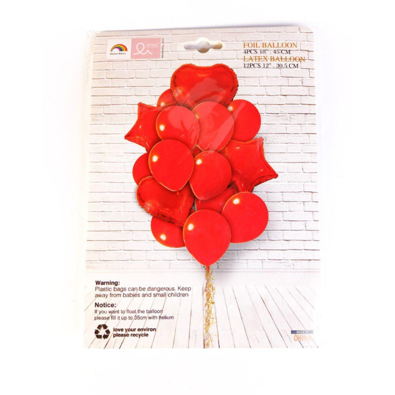 Набір з 16 кульок -4 фольгованих “18“ 45 см та 12 латексних “12“ 30,5 см, Червоний K-521 red KNZ