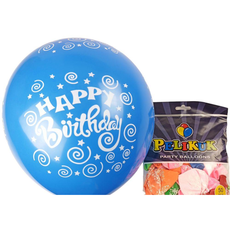 Кулі круглі Pelikuk 12“ (30 см) кольору мікс - HAPPY BIRTHDAY 50шт/уп 1250C-400 KNZ
