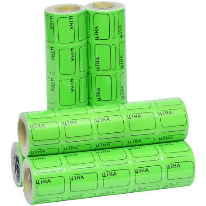 Цінник маленький 3х2 см “Ціна“ з рамкою зелений 5 бобин*100шт KNZ