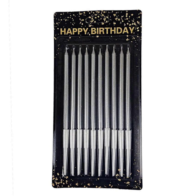 Набір свічок для торта 10 шт, срібло, 14 см 040557 silver KNZ Набір свічок для торта 10 шт, срібло, 14 см 040557 silver KNZ