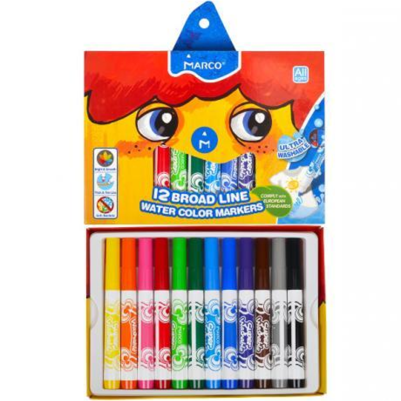 Фломастери MARCO 12 кольорів 1632-12CB товстий, у картонній упаковці (змивні, антибактеріальні) KNZ