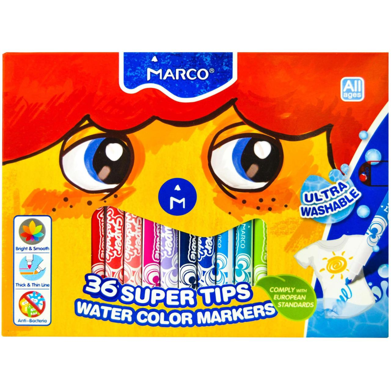 Фломастери MARCO 36 кольорів тонкі, в картонній упаковці (змивні, антибактеріальні) №1630-36 KNZ