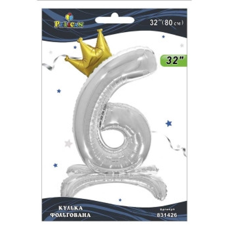Кулька фольгована цифра з короною на підставці “6“ срібло 32“ (80см) Pelican Срібний Pelican (831426) KNZ Кулька фольгована цифра з короною на підставці “6“ срібло 32“ (80см) Pelican Срібний Pelican (831426) KNZ