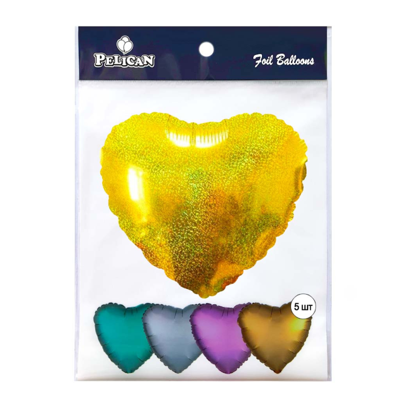 Кулька фольгована PELICAN 18“ СЕРЦЕ ГОЛОГРАМА БЛИСК ЗОЛОТО 45см, 5шт/уп Золотий Pelican (833651) KNZ