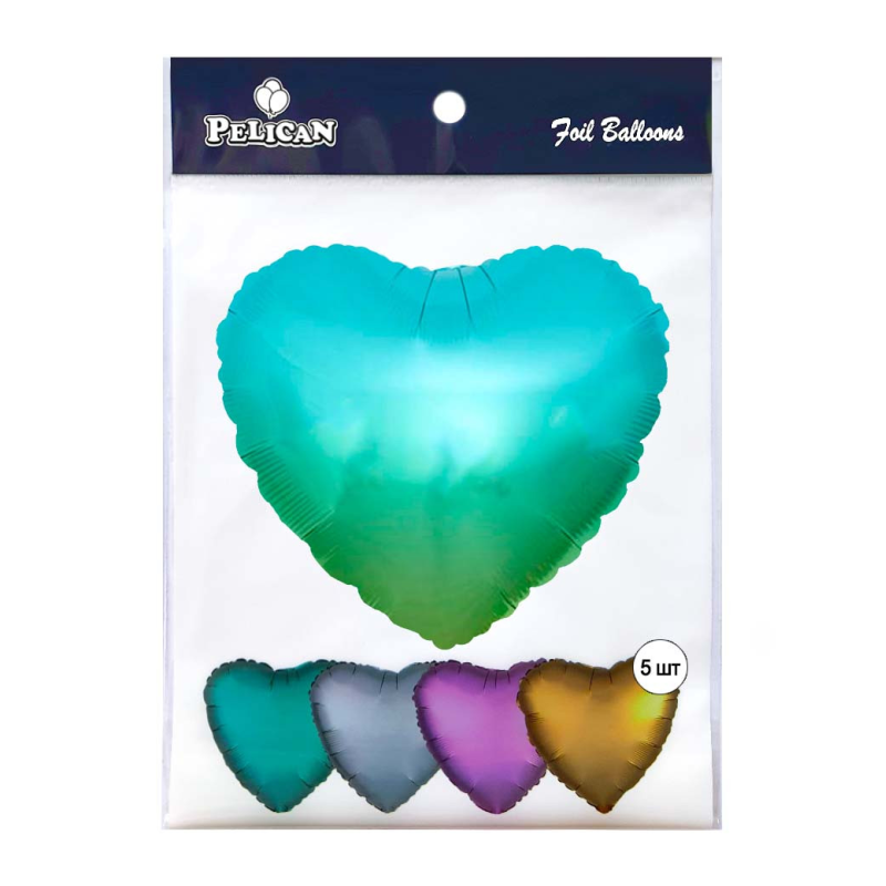 Кулька фольгована Pelican 18“ СЕРЦЕ ОМБРЕ М“ЯТНО-ЗОЛОТО 45 см, (5шт) Зелений Pelican (833678) KNZ