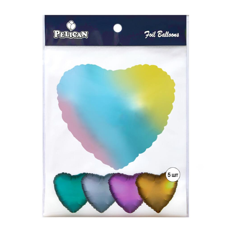 Кулька фольгована PELICAN серце 18“ (45см), Градієнт ніжна веселка, 5шт/уп Різнокольоровий Pelican (833696) KNZ