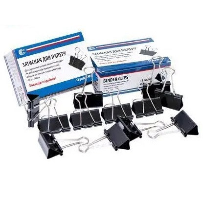 Біндер затискач для паперу 41мм 12шт чорний металевий офісний канцелярський “С“ KNZ Біндер затискач для паперу 41мм 12шт чорний металевий офісний канцелярський “С“ KNZ