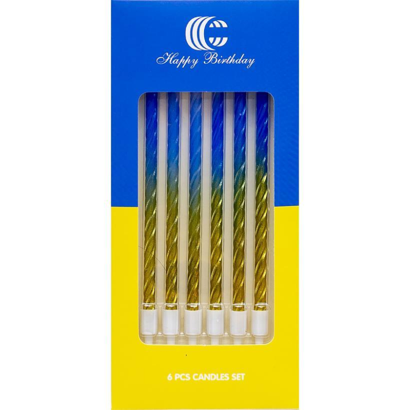 Набір свічок для торта 6шт спіраль жовто-блакитний “С“ KNZ