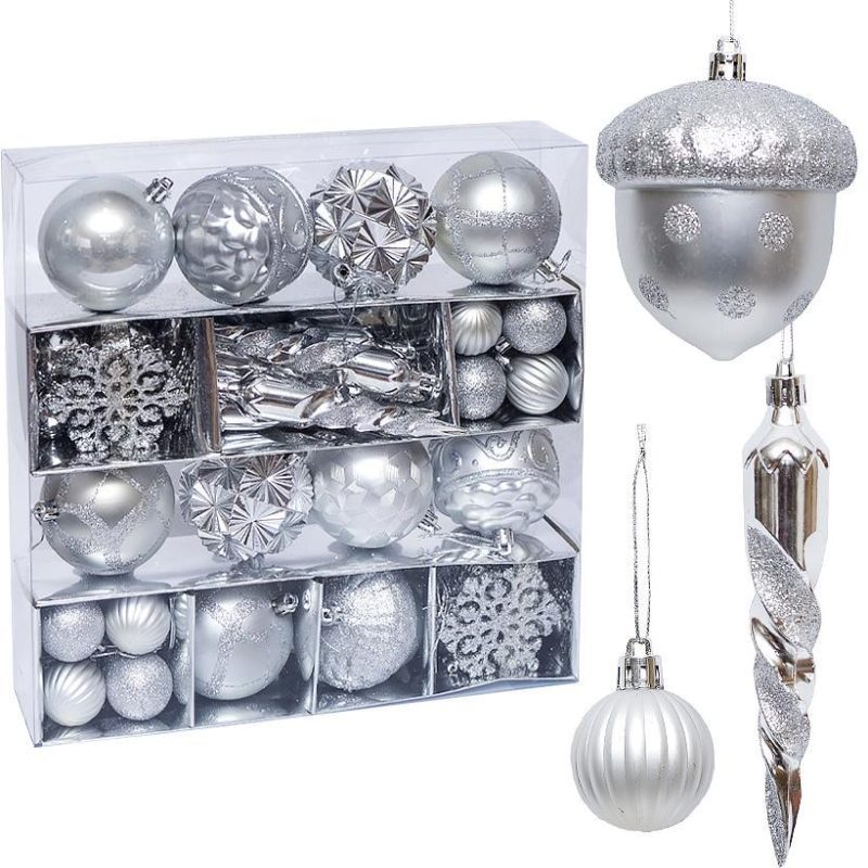 Набір ялинкових прикрас 62шт Срібло з глітером zwh2308-3 KNZ
