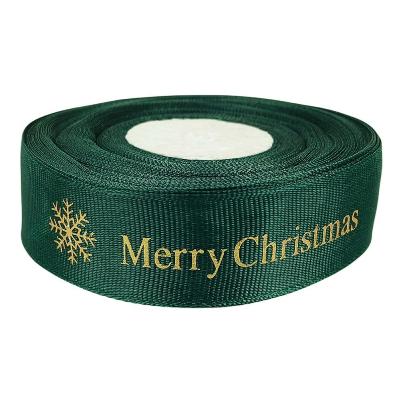 Стрічка репсова новорічна зелена 25 мм Merry Christmas, 25 ярд D14425 А3-249 KNZ