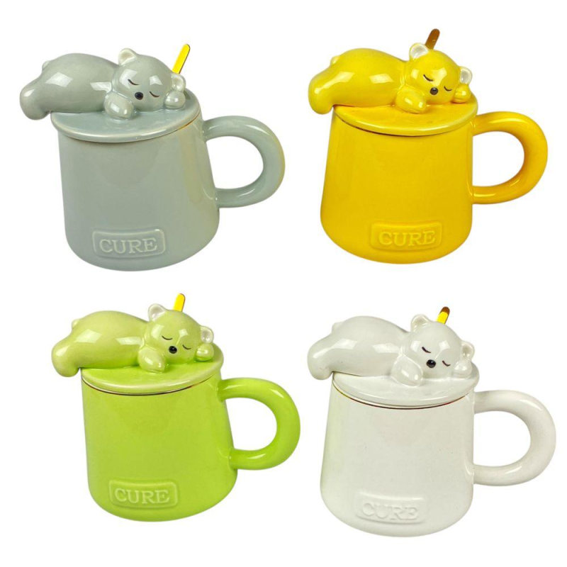 Чашка керамічна 390 мл “Ведмедик спить“ з кришкою та металевою ложкою, 4 кольори (496) KNZ