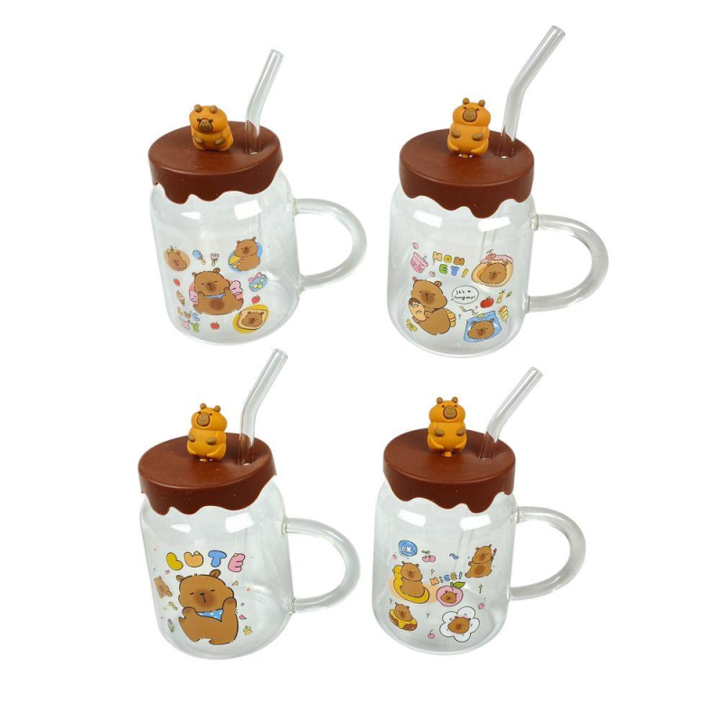 Чашка скляна 500 мл “Капібара“ із силіконовою кришкою, трубочкою, 4 різновиди (9497) KNZ