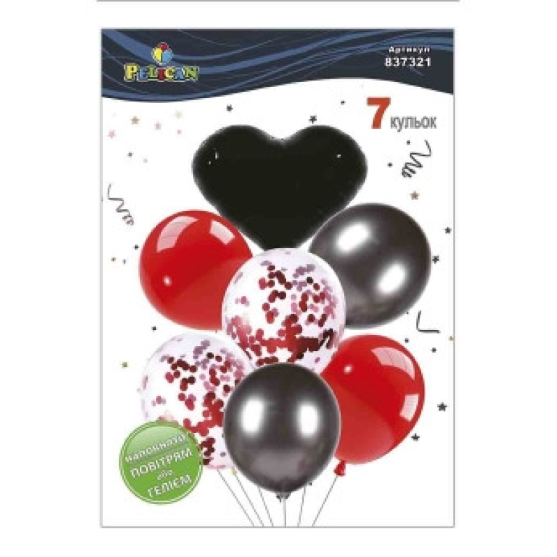 Набір із 7 кульок “Серце, червоно-чорний мікс із хромом“ Pelican (837321) KNZ