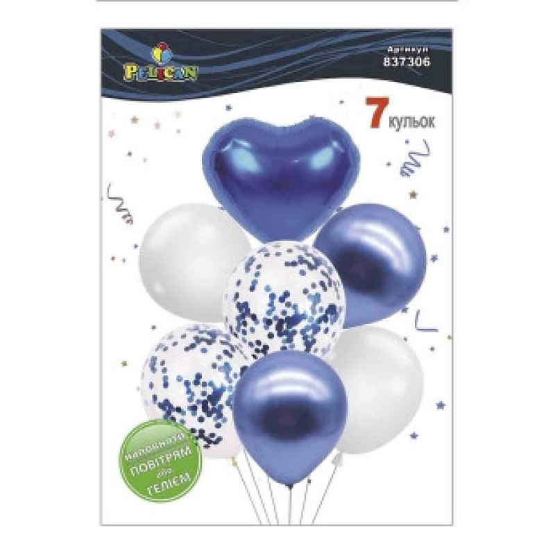 Набір із 7 кульок “Серце, біло-синій мікс із хромом“ Pelican (837306) KNZ