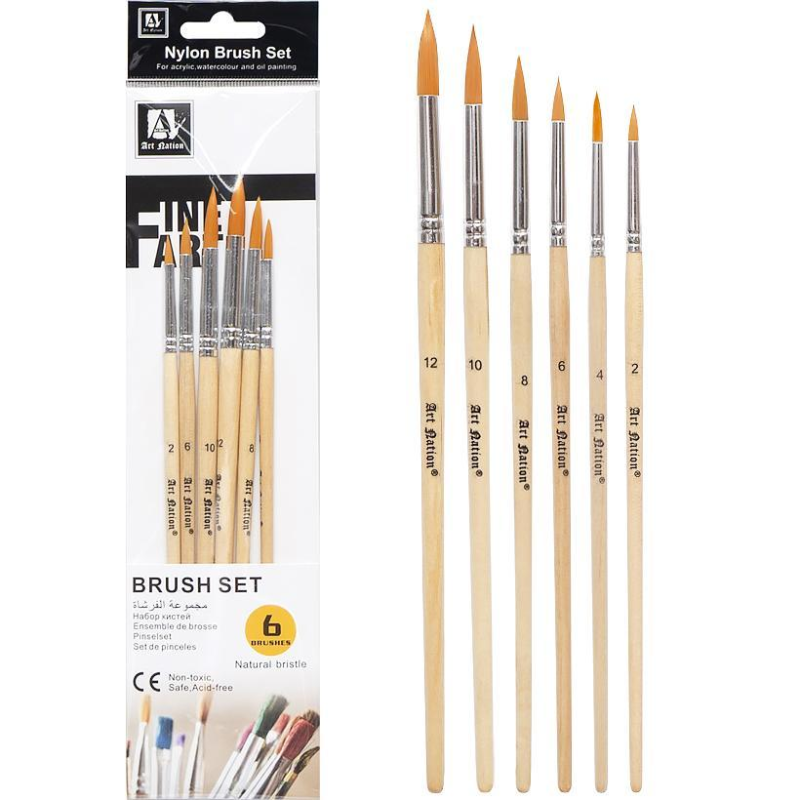 Набір художніх пензлів з натуральної щетини круглих 6 шт BR5806 KNZ