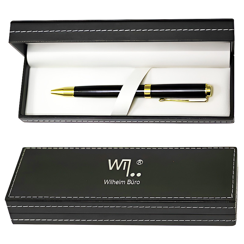 Ручка подарункова кулькова металева в чорному шкірозаміннику футлярі “Wilhelm Buro“ WB123 KNZ