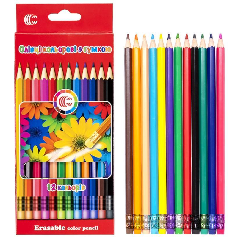 Олівці кольорові 12 кольорів еластичні із гумкою “С“ CR-777L KNZ