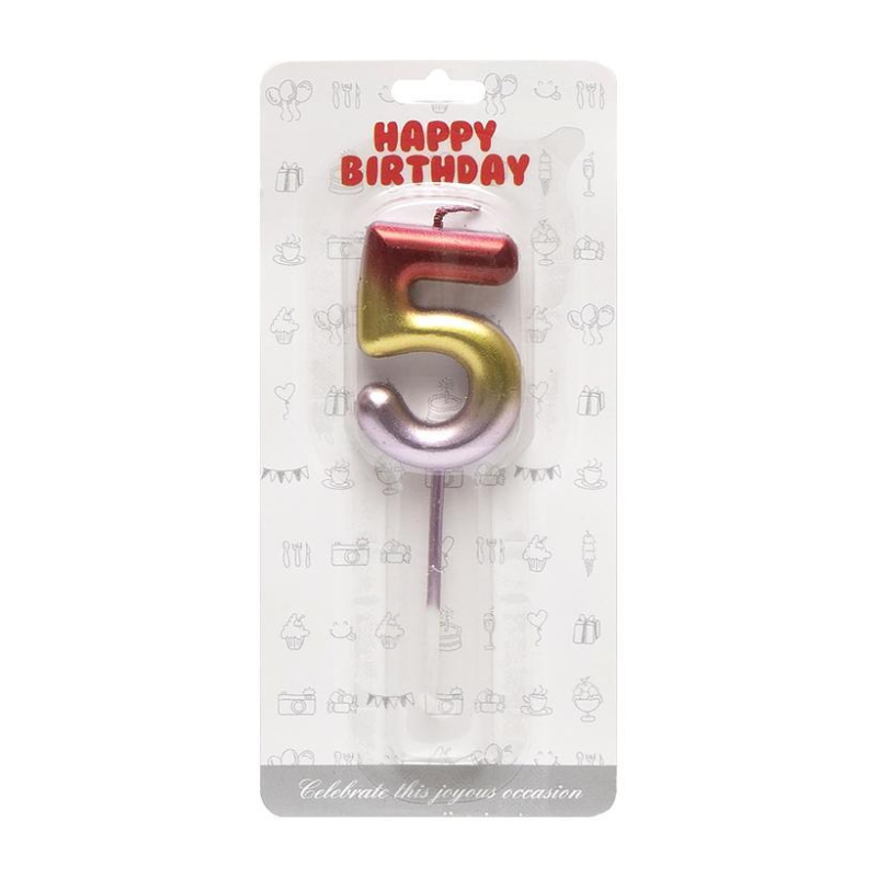 Свічка-цифра в торт “5“ металік різнокольорова JY-1065 KNZ