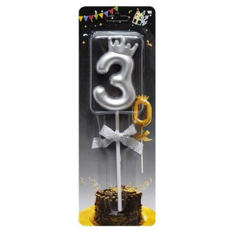 Свічка-цифра “3“ з короною 5,5см СРІБЛО JY-1064 KNZ