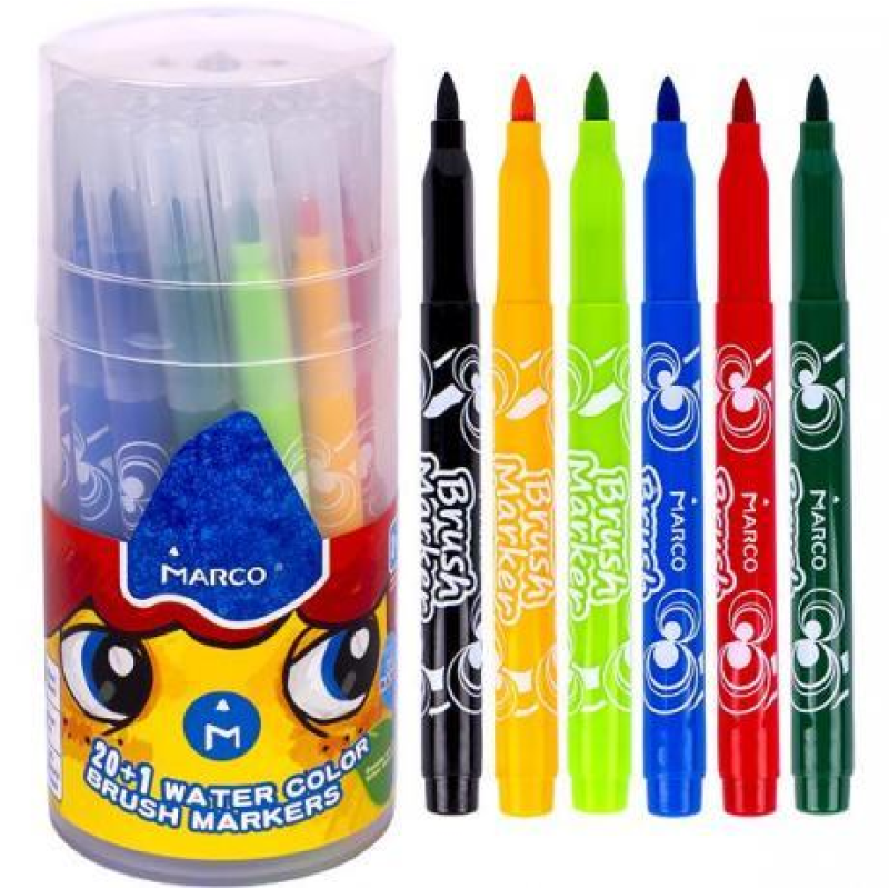 Фломастери Marco 21 колір, пензлик у пластиковому тубусі (легко змиваються) 1633-21PD KNZ