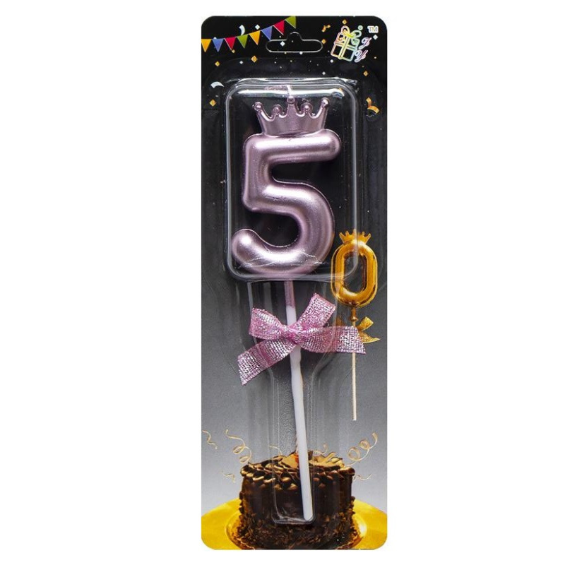 Свічка-цифра “5“ з короною 5,5см Рожева JY-1064 KNZ
