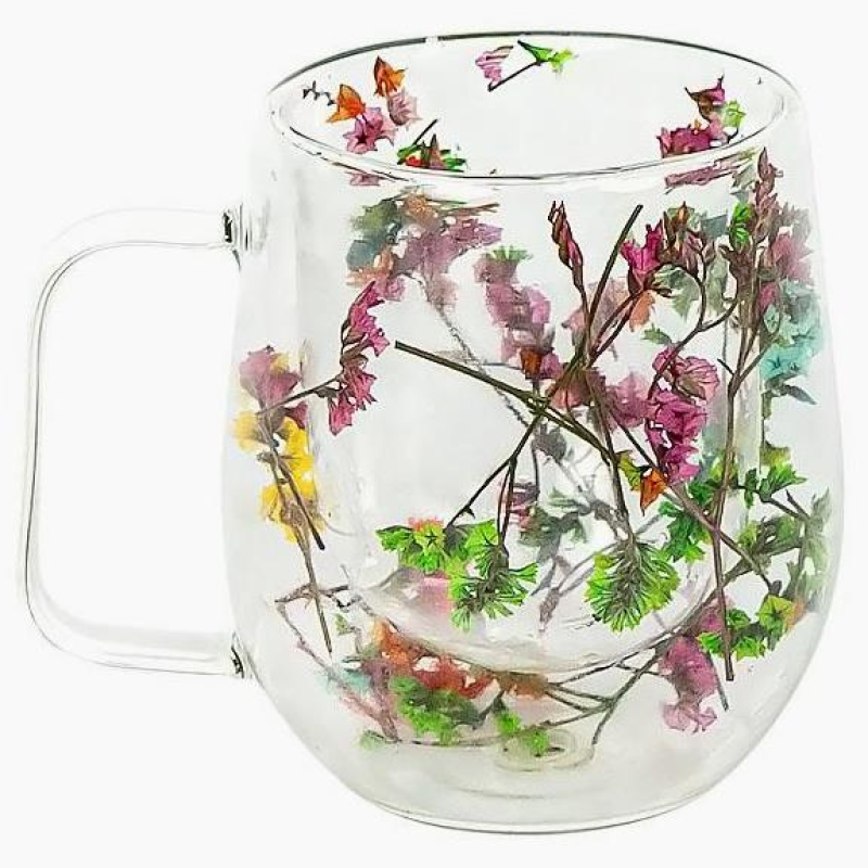 Чашка з подвійним дном 350мл скло з квітами NEW KNZ