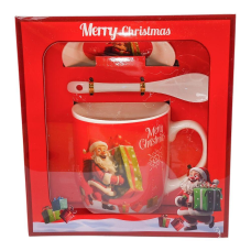 Чашка керамічна 350 мл “Санта Клаус з подарунком“ з блюдцем, ложкою в подарунок HK-2168-B KNZ