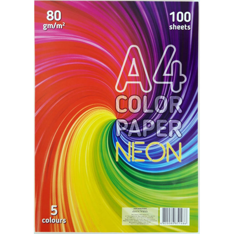 Папір офісний кольоровий неоновий A4 5 кольорів 100 аркушів “Колорит-Тон“ ПКН-10/100 KNZ