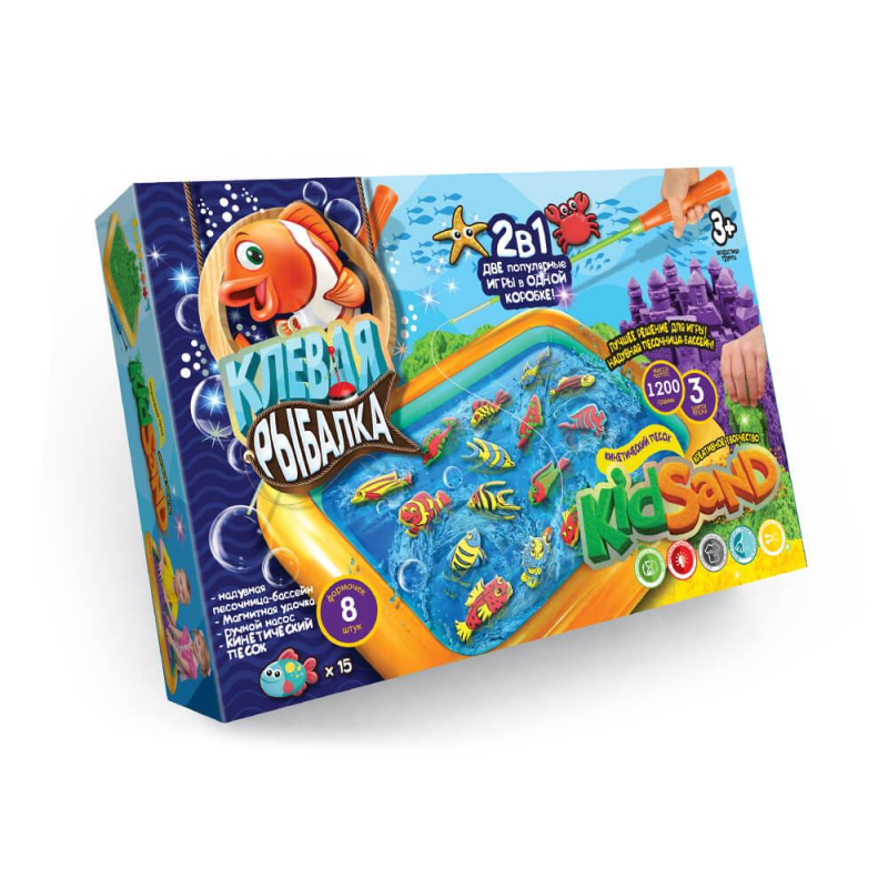 Настільна гра 2в1 “Кльова рибалка“ та Кінетичний пісок “KidSand“ РОС KNZ