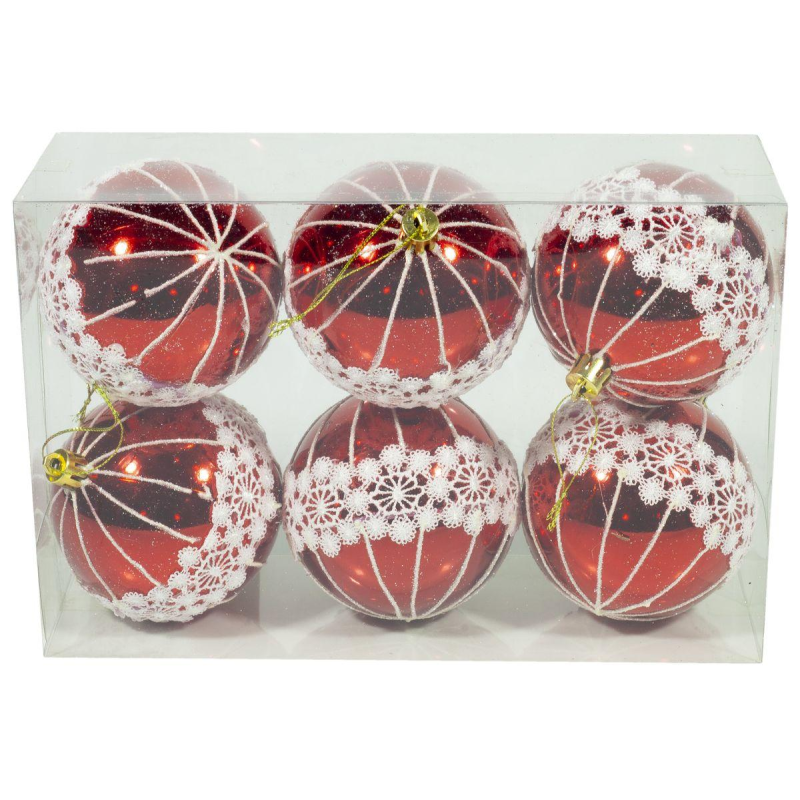 Набір куль червоні “Мереживо“ D 8см (6шт) 1080 KNZ Набір куль червоні “Мереживо“ D 8см (6шт) 1080 KNZ