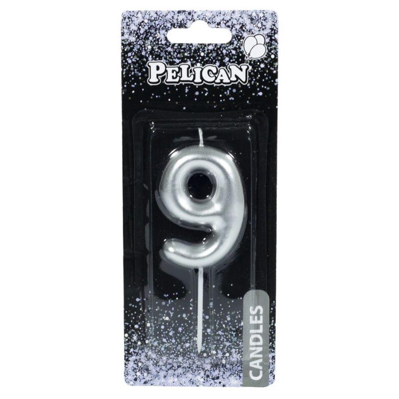 Свічка для торта Pelican “9“ СРІБРО 6 см 866029