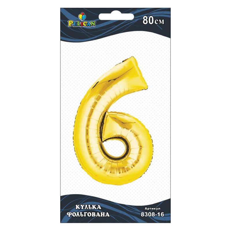 Шарик цифра фольгированная Pelican, «6» золото 80см 830816 Шарик цифра фольгированная Pelican, “6“ золото 80см 830816