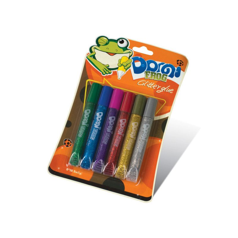 Клей силіконовий з блискітками на картоні «Domi Frog» (6 кольорів, 10,5 мл) Клей силіконовий з блискітками на картоні “Domi Frog“ (6 кольорів, 10,5 мл)