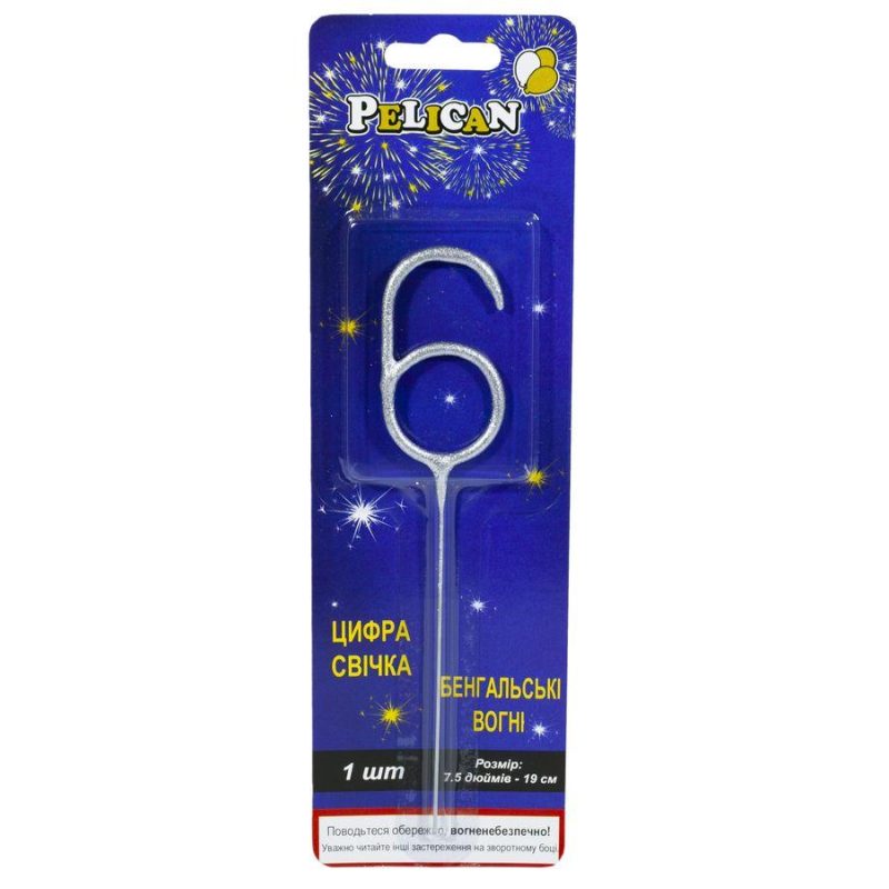 Свічка цифра бенгальська Pelican, “6“ СЕРЕБРО 860026