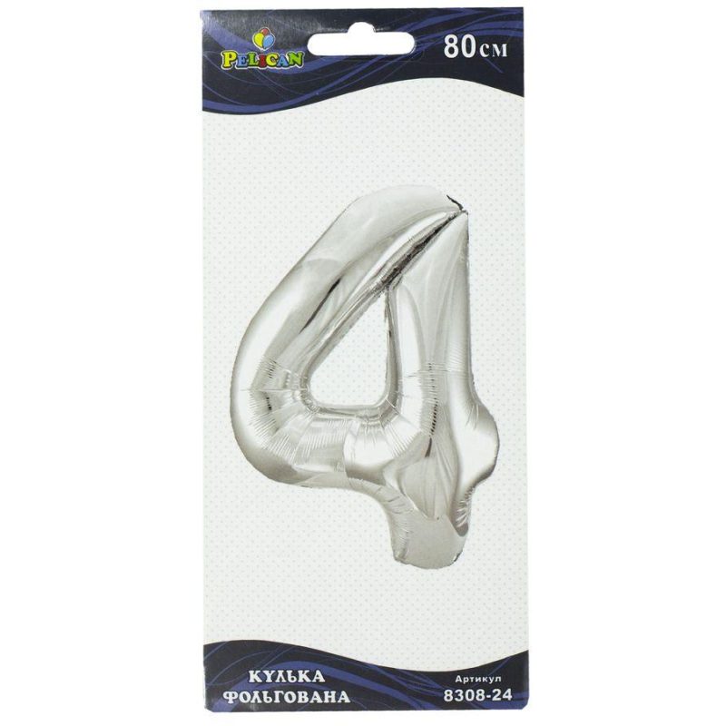 Цифра фольгированная Pelican, «4» серебро 80см 830824 Цифра фольгированная Pelican, “4“ серебро 80см 830824