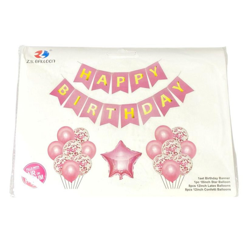 Набор шаров с растяжкой Happy birthday и звезды, розовый (1210-1-P) Набор шаров с растяжкой Happy birthday и звезды, розовый (1210-1-P)