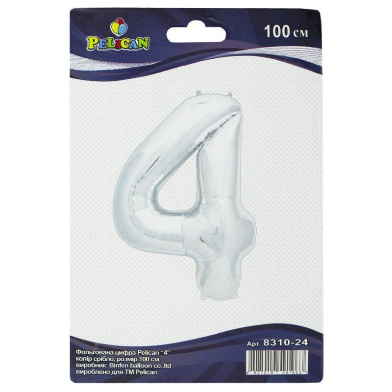 Цифра фольгированная Pelican, «4» серебр 100см 831024 Цифра фольгированная Pelican, “4“ серебр 100см 831024