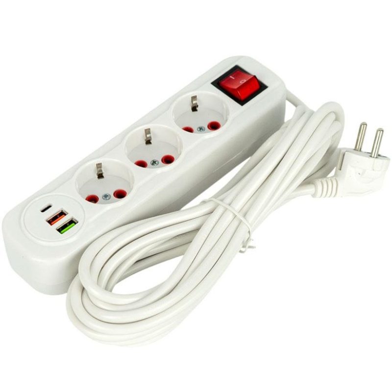 Електричний подовжувач 5м з вимикачем на 3 розетки та 2 USB + 1 Type-C 505 Електричний подовжувач 5м з вимикачем на 3 розетки та 2 USB + 1 Type-C 505