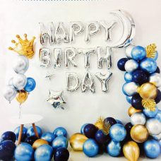 Фотозона з повітряних куль “Happy birthday“ срібло та синє T-8932